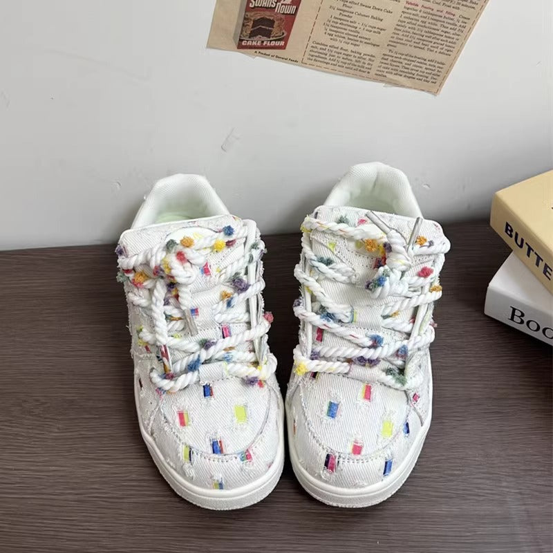 Fairy bean rainbow grid canvas sneakers women's autum breathable thick solewhite student shoes easiest for matchniche style sports casual shoes