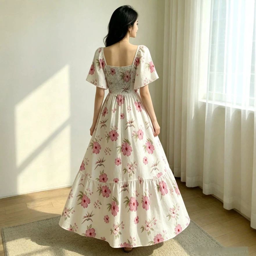 European and american  summer new sweet vacation style puff sleeve square neck rose print cinched waist dress