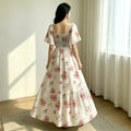 European and american  summer new sweet vacation style puff sleeve square neck rose print cinched waist dress
