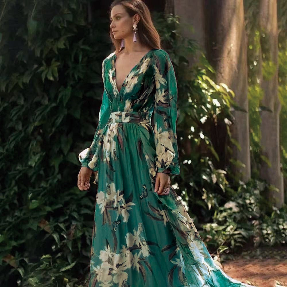 summer new arrival: women's printed dress for cross-border e-commerce, -ready v-neck long sleeve maxi dress