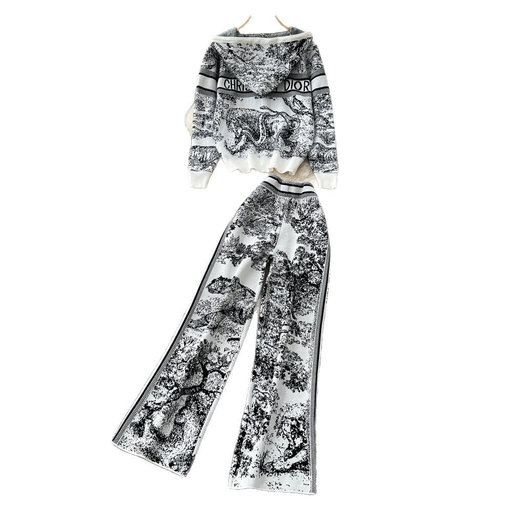 European and american fashion suit women's autumn and winter classy loosecasual hooded printingknittingoutwearhigh waistloose pants