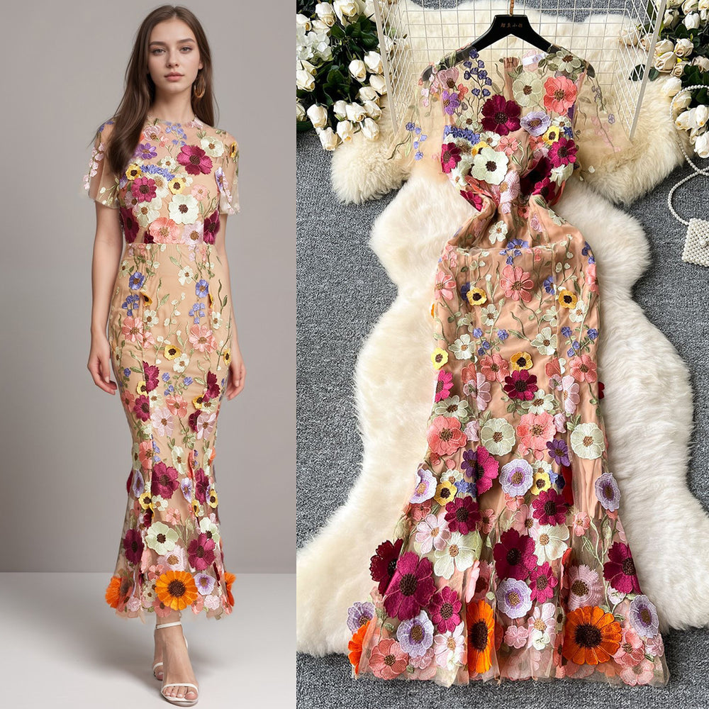 Evening party high-end formal dress women's long dress european and american style 3d floral embroidery slimming mermaid tail