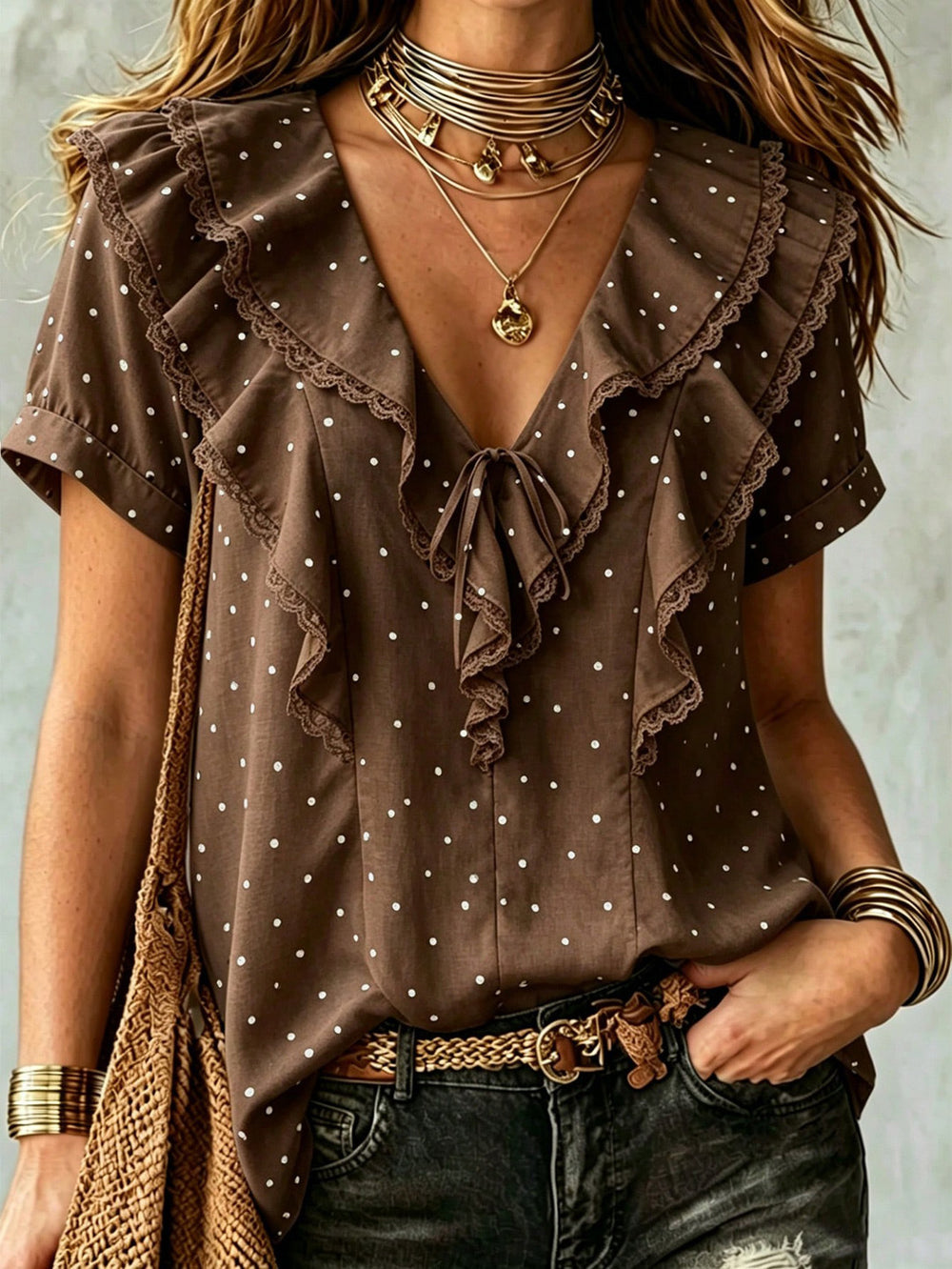European and american style country polka dot blouse - v-neck, double-layer ruffle lace trim, tie-waist, loose fit, short sleeve top
