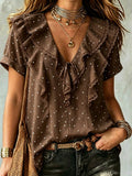 European and american style country polka dot blouse - v-neck, double-layer ruffle lace trim, tie-waist, loose fit, short sleeve top