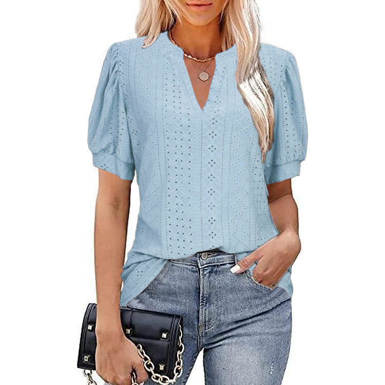 European and american cross-border e-commerce   spring/summer casual v-neck solid color cutout puff sleeve loose t-shirt