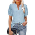 European and american cross-border e-commerce   spring/summer casual v-neck solid color cutout puff sleeve loose t-shirt
