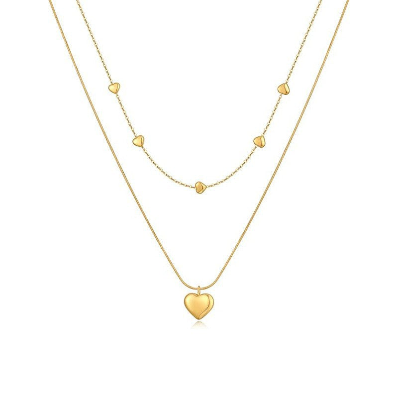 2025 trendy heart double layer necklace, 18k gold plated clavicle chain, luxury niche design, titanium steel chain