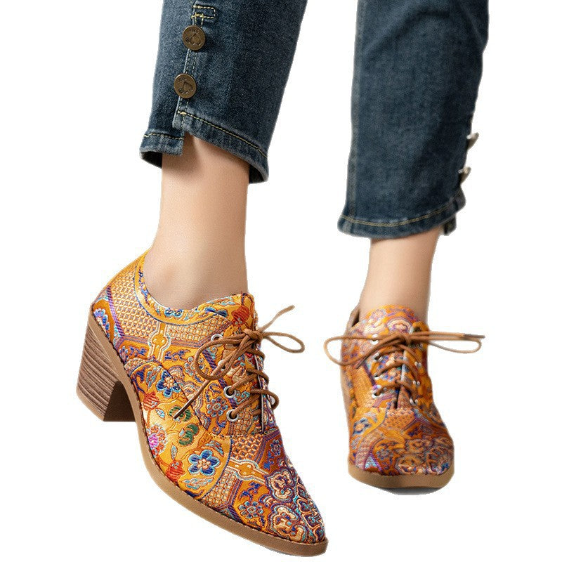 Export pointed toe printing high heel flats women autumnew arrivaltie back cross-border plus size thick heel professional flats 43