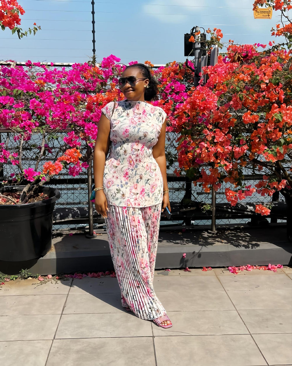 European and american cross-border women's fashion:  spring new arrival - pleated round neck flutter sleeve fashion print wide-leg pants two-piece set