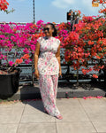 European and american cross-border women's fashion:  spring new arrival - pleated round neck flutter sleeve fashion print wide-leg pants two-piece set