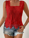 Women's elegant square neck lace cutout sleeveless top - breathable summer blouse solid color fashion vest european and american style