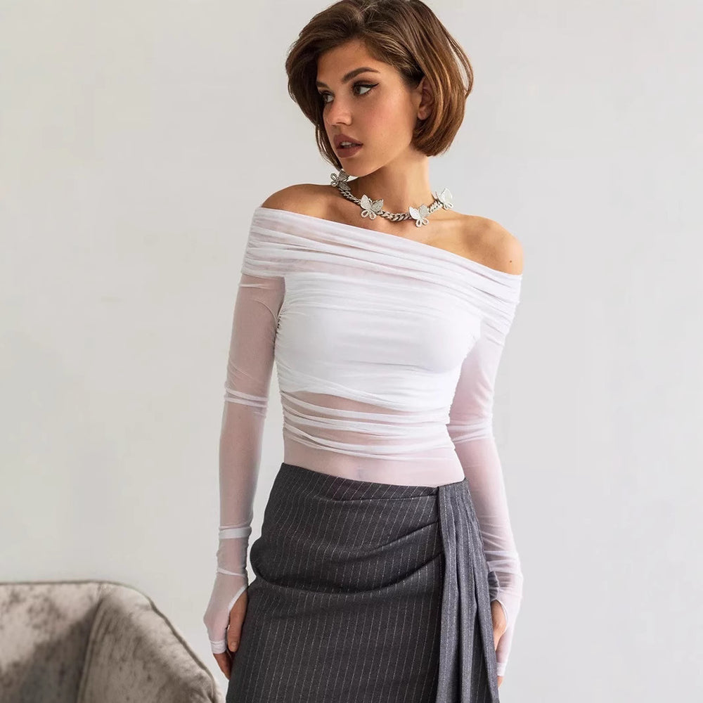 fall/winter new arrival: european and american style women's solid color slim-fit fashion one-shoulder mesh long sleeve top