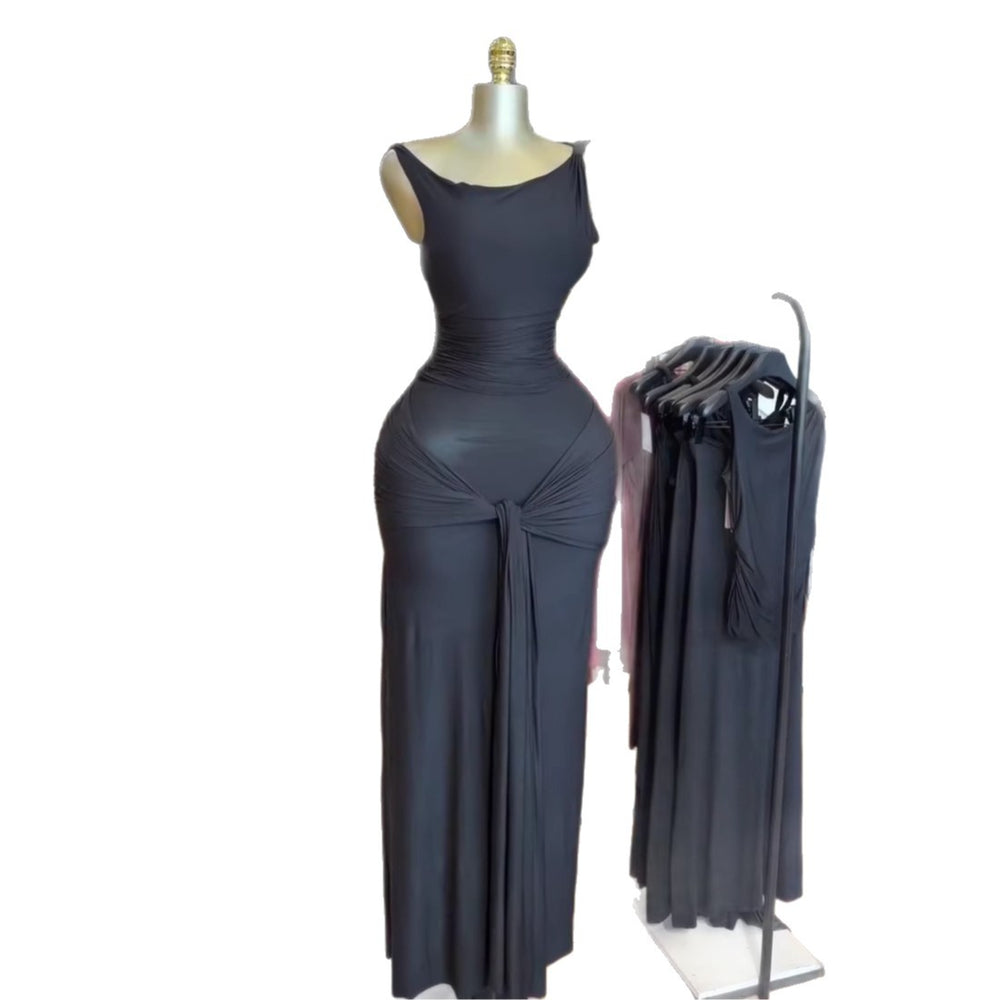 European and american cross-border women's fashion  summer new arrival: elegant asymmetrical neck slim-fit sleeveless top with tie-waist midi skirt set
