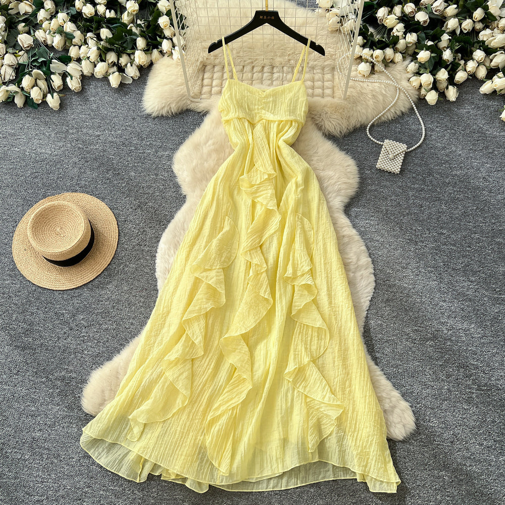 French dopamine yellow cami dress - women's  summer ruffle hem, slim fit, vacation style maxi dress