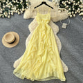 French dopamine yellow cami dress - women's  summer ruffle hem, slim fit, vacation style maxi dress