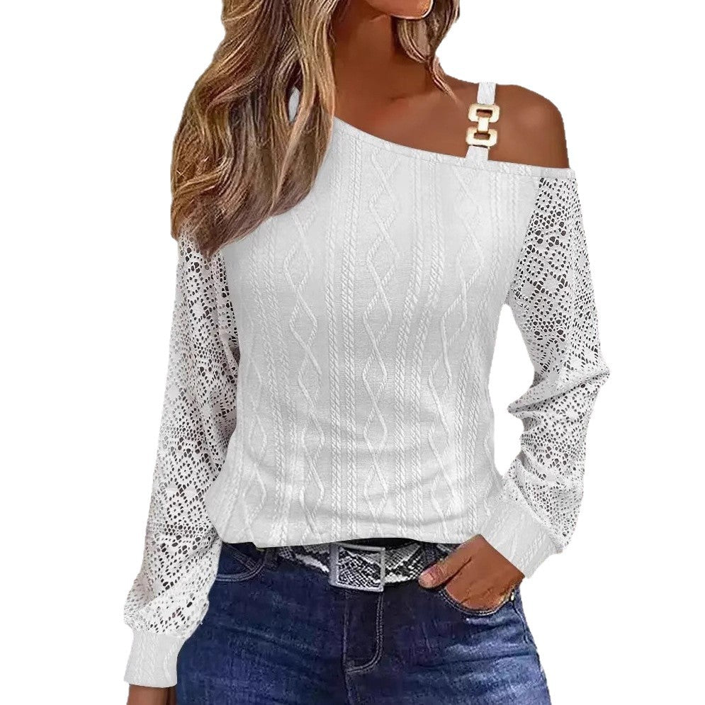 independent station   best selling autumn casual metal buckle slanted shoulder collar shirt women's clothing