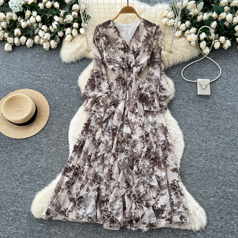 French retro v-neck long sleeve floral chiffon dress - women's  autumn collection - cinched waist, elegant ruffle hem maxi dress
