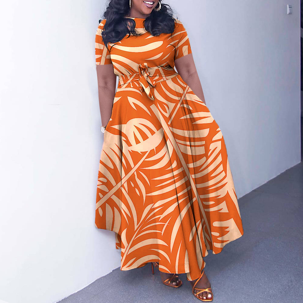 summer new fashion cross-border  elegant women's tie-up printed plus size european and american style dress