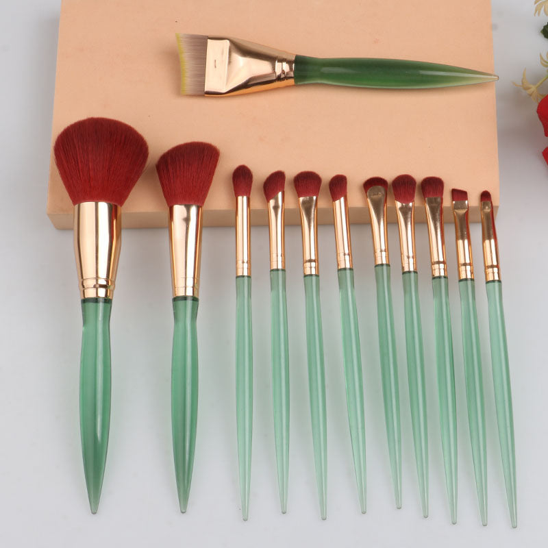 makeup brush set, 12-piece, featuring soft bristles, including a foundation brush, angled contour brush, and a complete set of makeup brushes