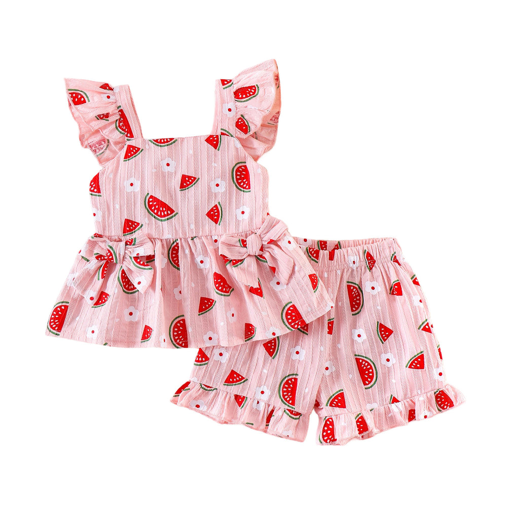 Children's clothing cross-border european and american girls watermelon pattern pink flying sleeve tops+shorts