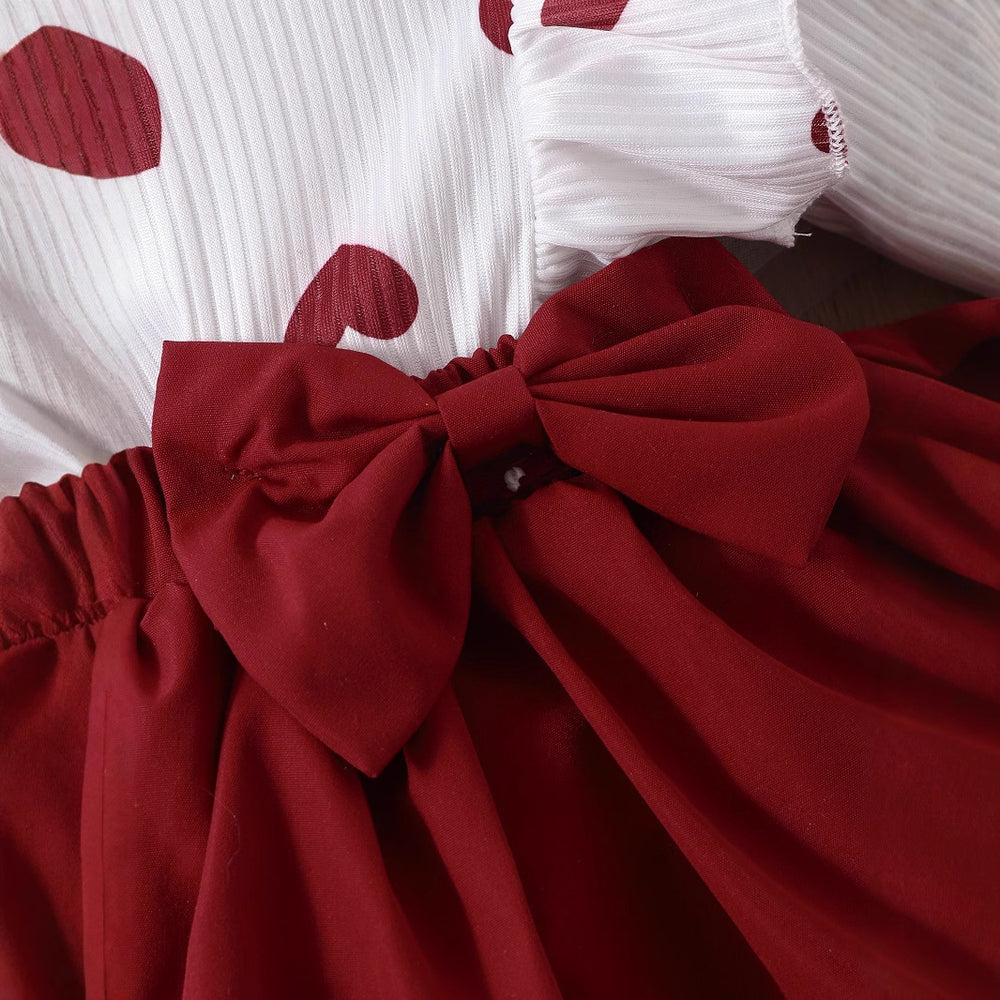 fashion baby girl sweet style red heart print flutter sleeve top with bowknot tutu skirt and hair tie set