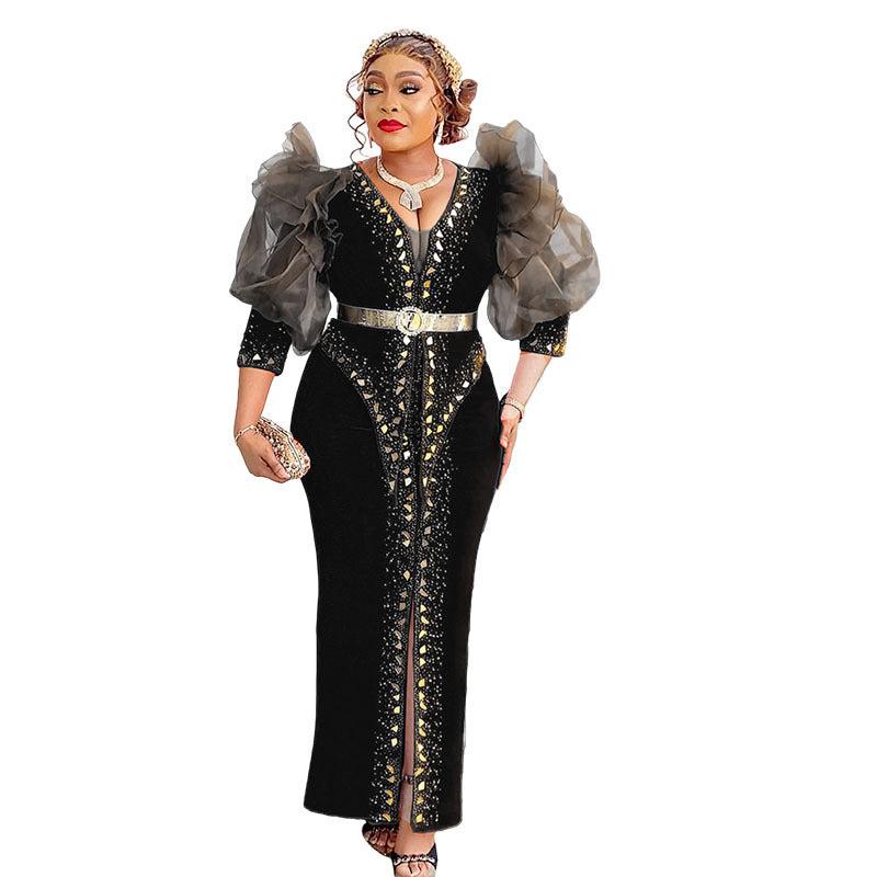 African-inspired women's slim-fit, long-sleeved, hot-fix rhinestone embellished maxi dress with bubble sleeves, suitable for cross-border e-commerce. includes belt