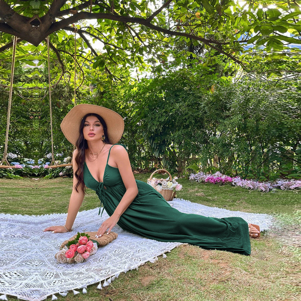 new european and american style cross-border women's clothing: vacation-inspired beach maxi dress - sexy backless, cinched waist, a-line sundress