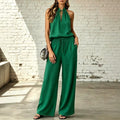cross-border fashion  spring/summer women's solid color casual cotton linen top and wide-leg pants set