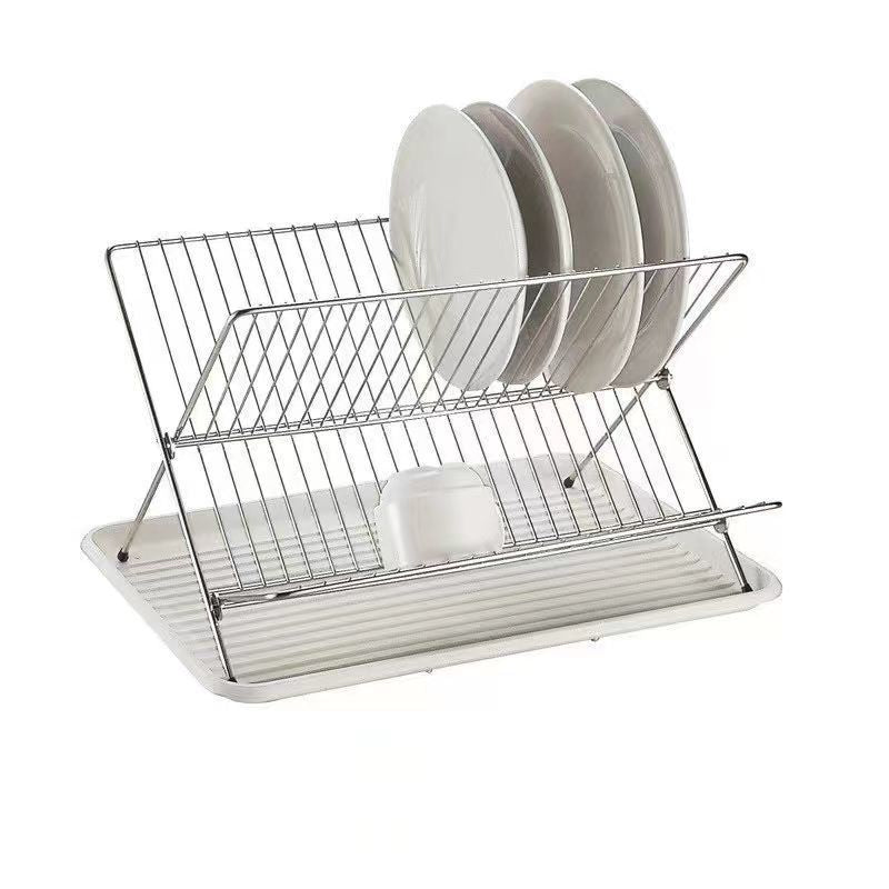 X-type foldable drain bowl rack, double-layer kitchen drain rack, countertop type with water tray, kitchen dish storage rack