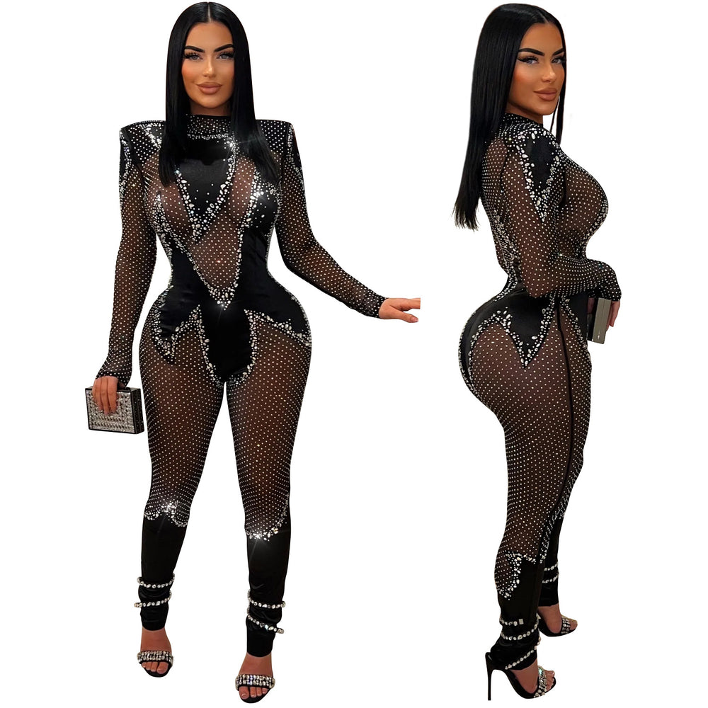 C6886 cross-border   fashion women's solid color mesh rhinestone long sleeve pants jumpsuit