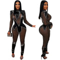 C6886 cross-border   fashion women's solid color mesh rhinestone long sleeve pants jumpsuit