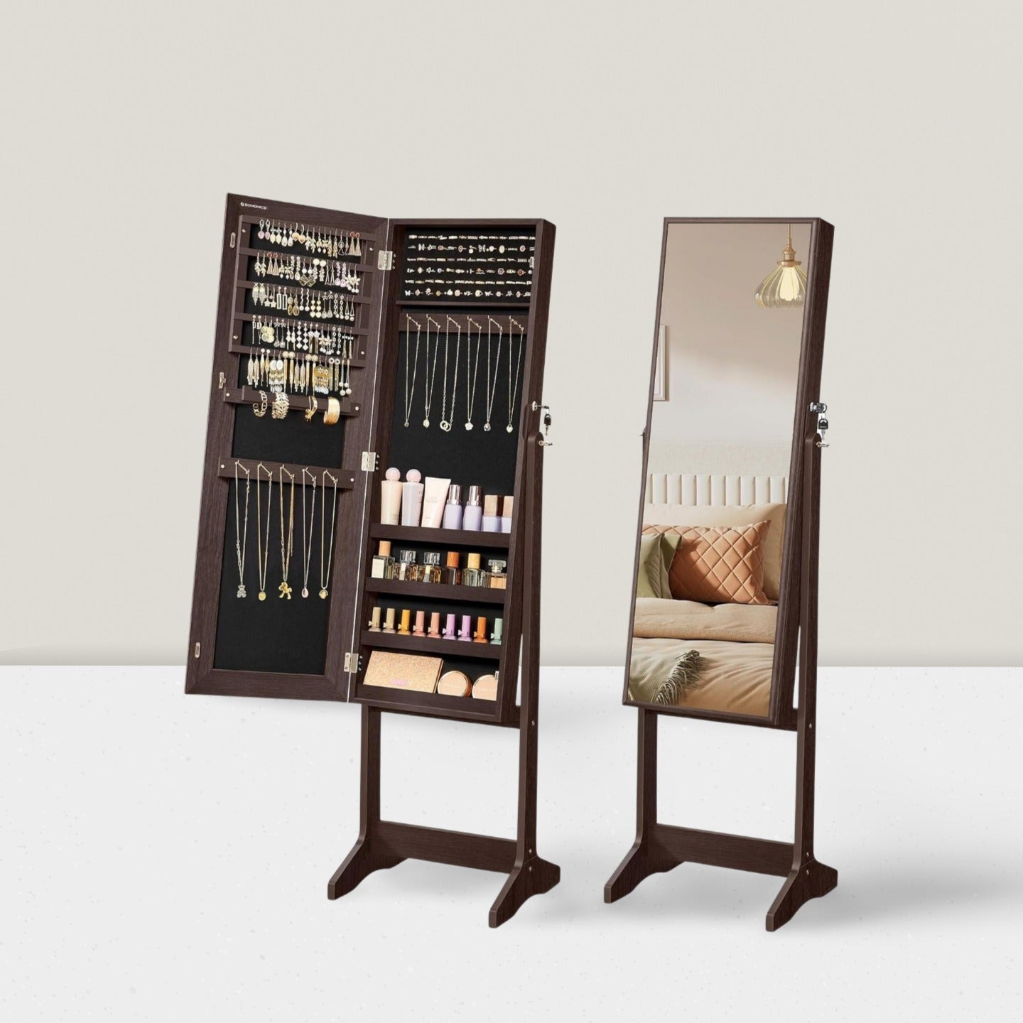 Solid wood floor-to-ceiling full-length mirror full-length mirror cabinet multi-functional bedroom rotating jewelry storage fitting mirror home