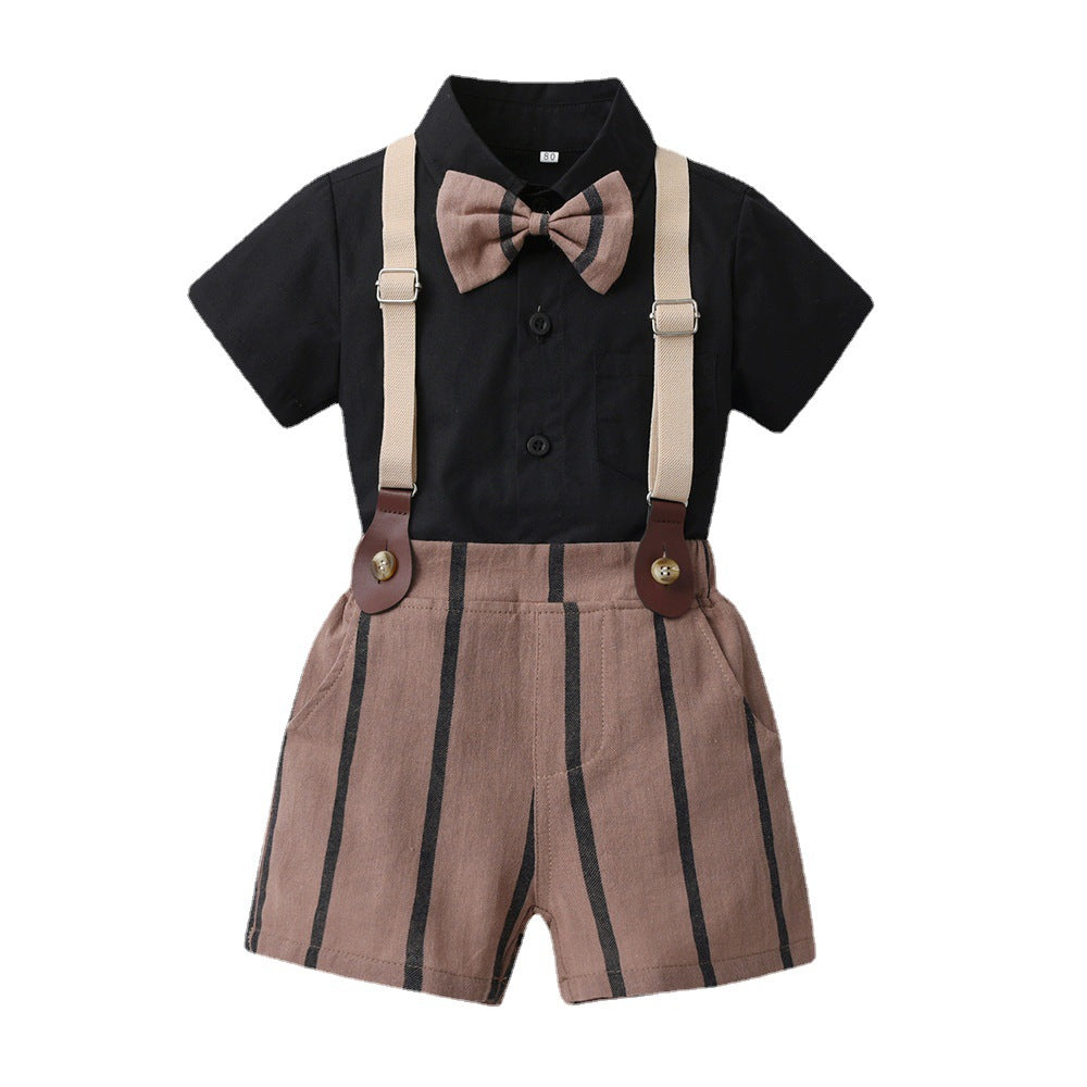 Korean style boys' summer outfit: stylish short-sleeve shirt and striped overalls set for boys