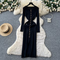 French chic high-end round neck metallic buckle single-breasted slim-fit slit long sleeve knitted bodycon dress