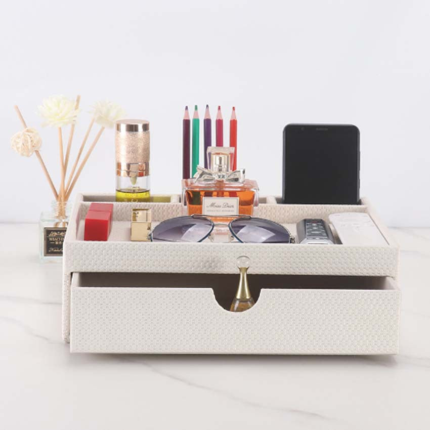 Modern women's dresser, cosmetic storage box, organizer sundries on household bedside table, leather finishing box