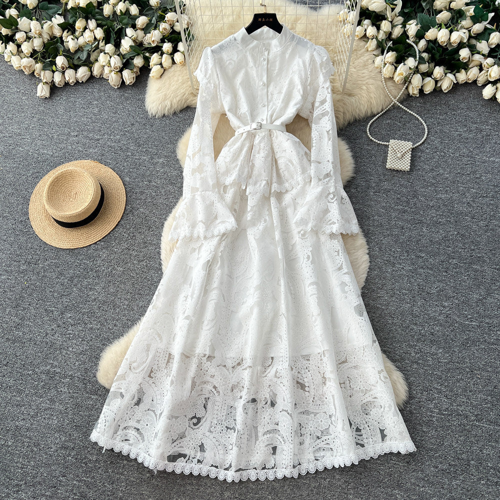 new spring/summer elegant high-end banquet evening gown - women's heavy embroidery cutout flared sleeve dress