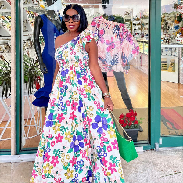 S10508 Hot Sale, European, American, Sexy, Printed Slash Shoulder Split Large Size Lace Dress