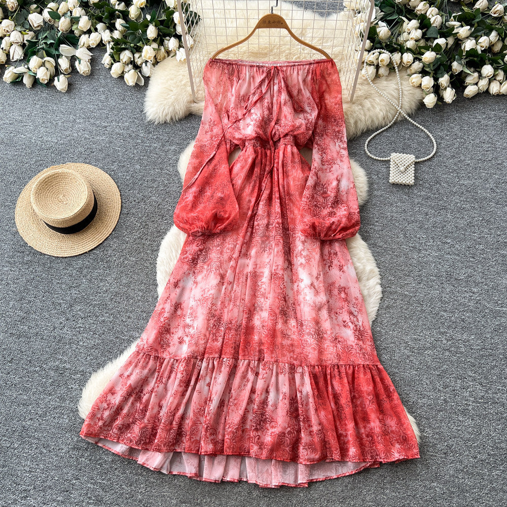 French chic tie-waist floral print dress - women's elegant one-shoulder long sleeve maxi dress