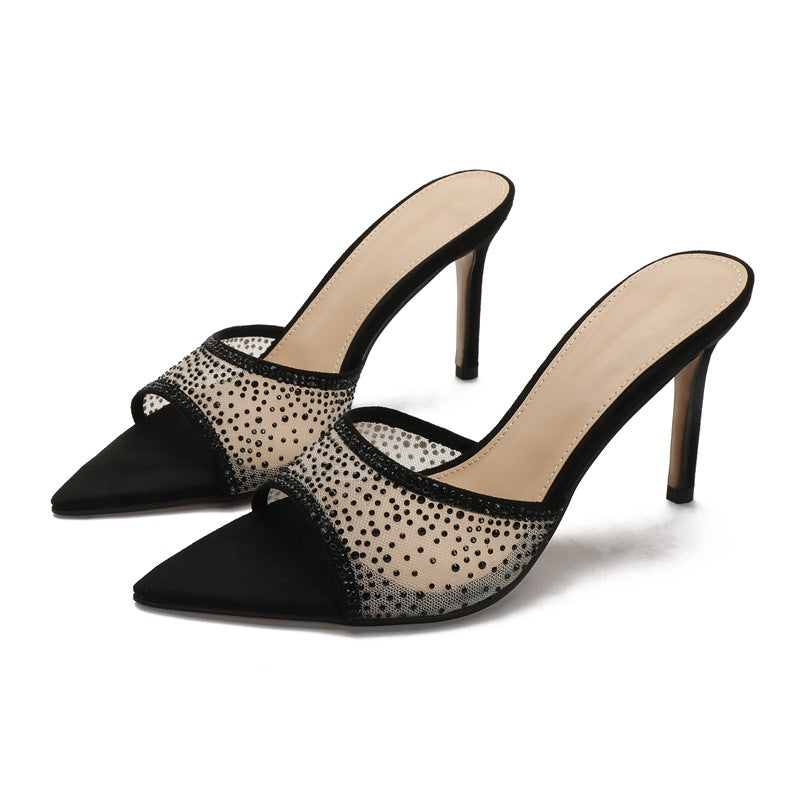 Rhinestone pointed-toe stiletto heel mules - women's sexy & fashionable outdoor sandals - european & american summer new arrivals - half slippers