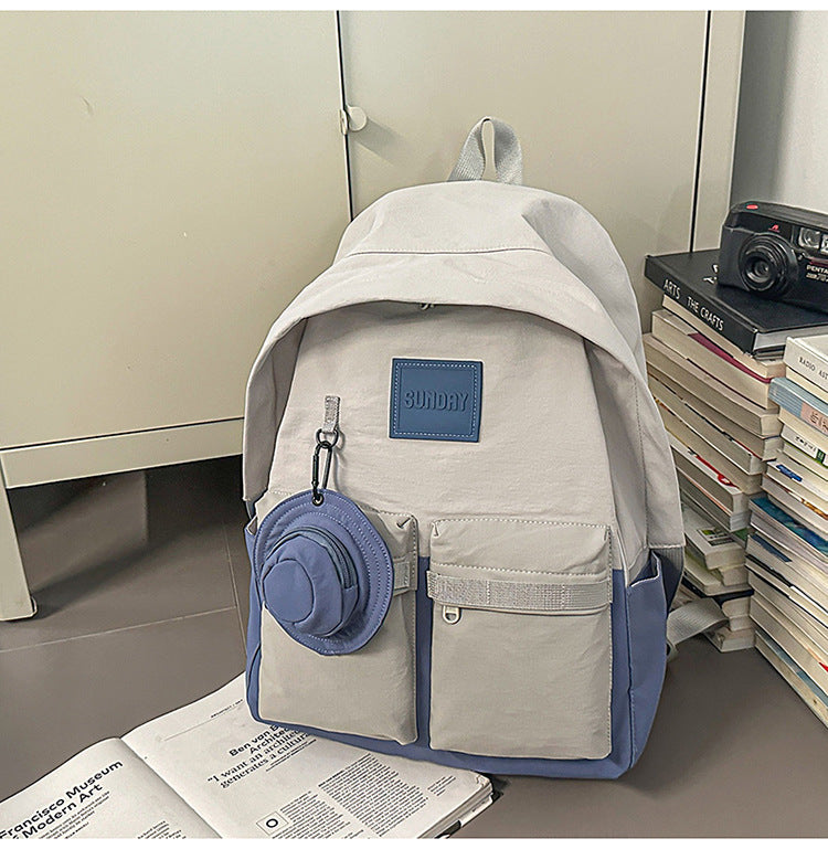 Backpack, lightweight outdoor, large capacity, niche style, pure color, travel, work clothing, school bag, student, good-looking, contrast color, lightweight school bag