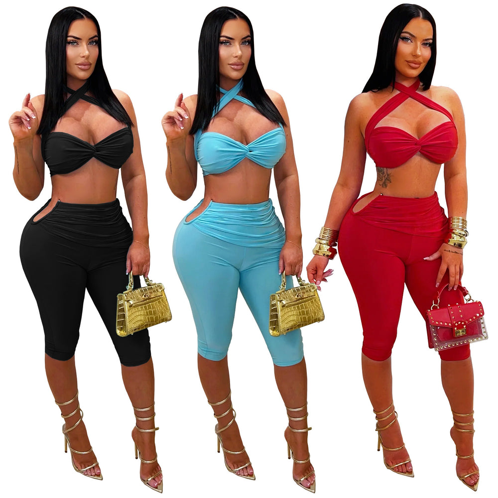 C7673 cross-border   fashion women's sexy solid color lace-up bodycon bodycon set