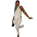 Fashionexportfashionhalter neck swing collarpure colorwork clothing pantssuitbacklesstie backtopstightpantstwo-piece set