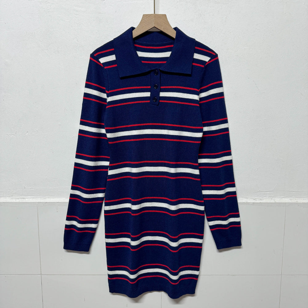 Autumn french retrofashionablecontrast colorstripesdress women's waist slimmingelegant lapel long sleevessweater skirt