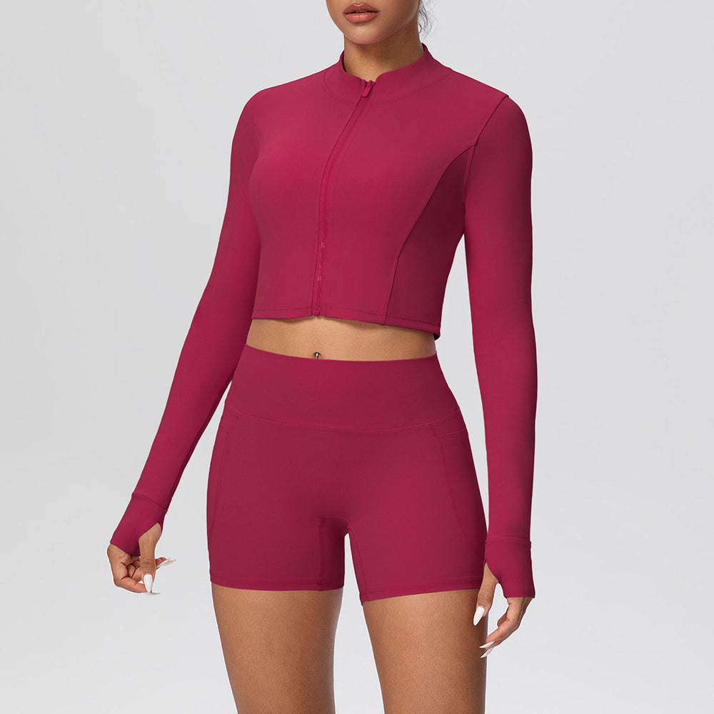 Cloud-feel outerwear short zip-up jacket with butt-lifting pocket shorts, a form-fitting activewear yoga set for women, perfect for running and fitness