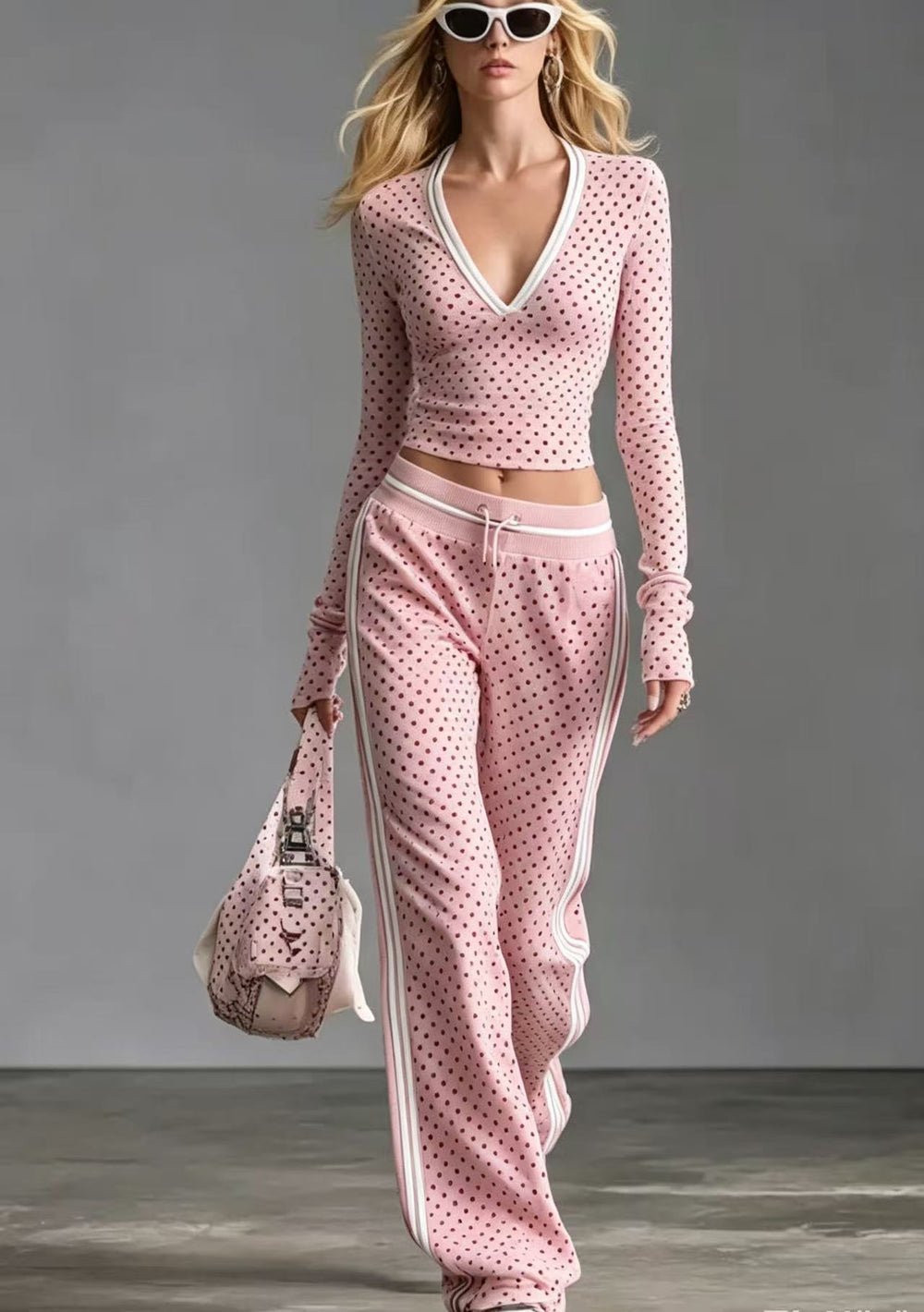 spring new arrival cross-border independent station  fashion v neck polka dot pants long sleeves sportswear suit