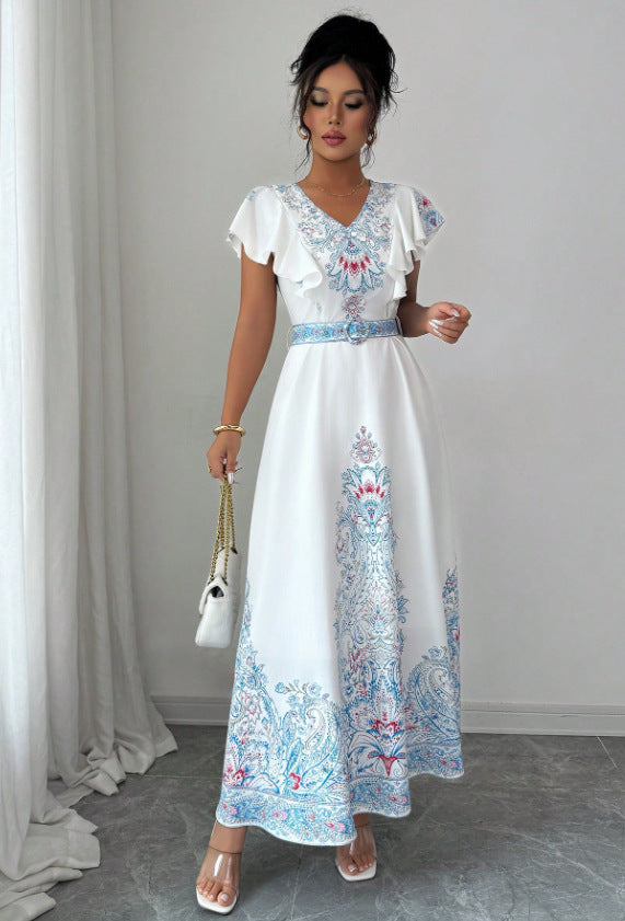 spring/summer court style stand collar double-breasted lantern sleeve printed maxi dress with lace trim
