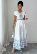 spring/summer court style stand collar double-breasted lantern sleeve printed maxi dress with lace trim