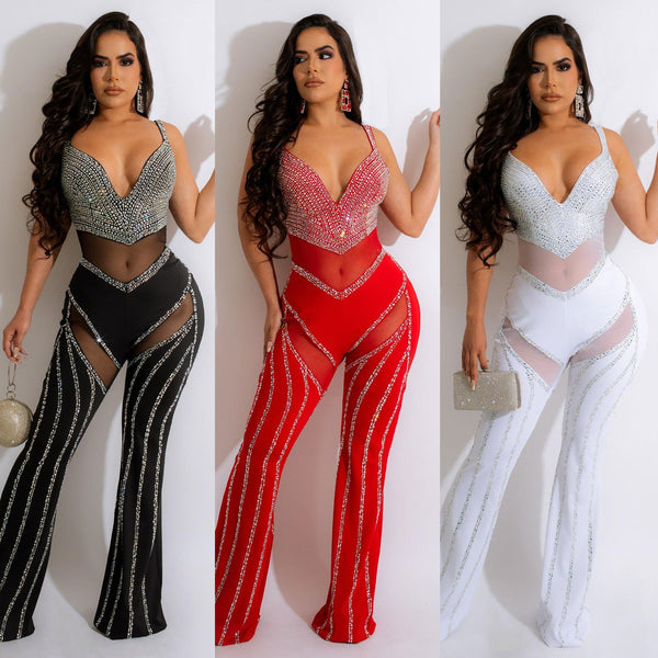 ZQK2572 European and American sexy perspective, deep V suspenders, hot diamond jumpsuit