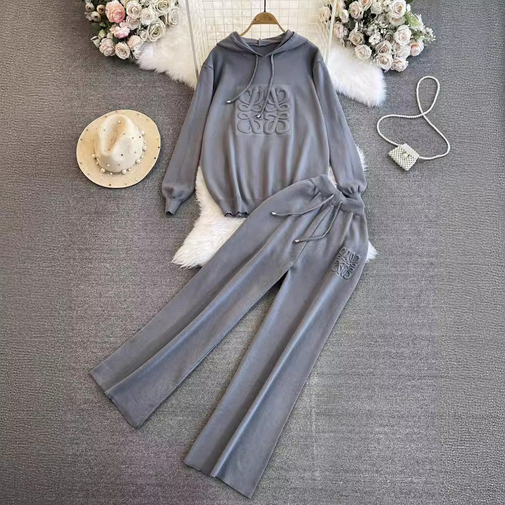 Fashionsuitfemalek-stylelooseknittinghoodedsweatshirttwo-piece setcasualhigh waistslimming lookstraight-legloose pants