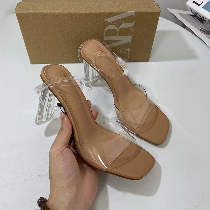 Spain 2024 summer new arrival: versatile french-style open-toe rhinestone stiletto transparent sandals & slippers for women